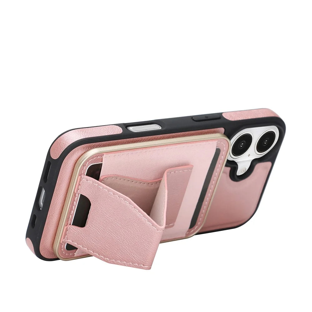 For iPhone 17 Magnetic Case with Detachable Card Holder Kickstand TPU + PU Back Cover Compatible with MagSafe - Pink - 3