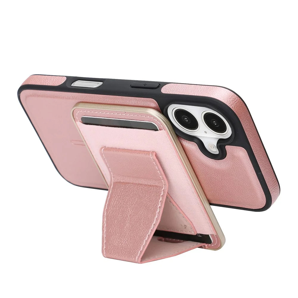 For iPhone 17 Magnetic Case with Detachable Card Holder Kickstand TPU + PU Back Cover Compatible with MagSafe - Pink - 4