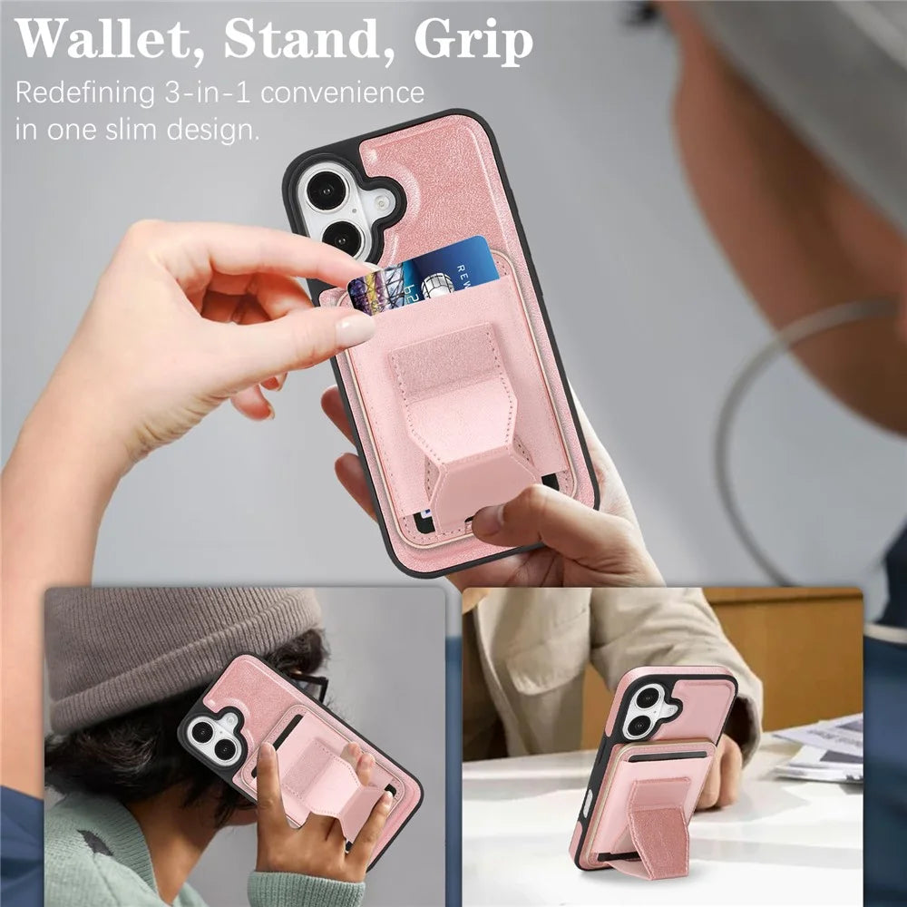 For iPhone 17 Magnetic Case with Detachable Card Holder Kickstand TPU + PU Back Cover Compatible with MagSafe - Pink - 6