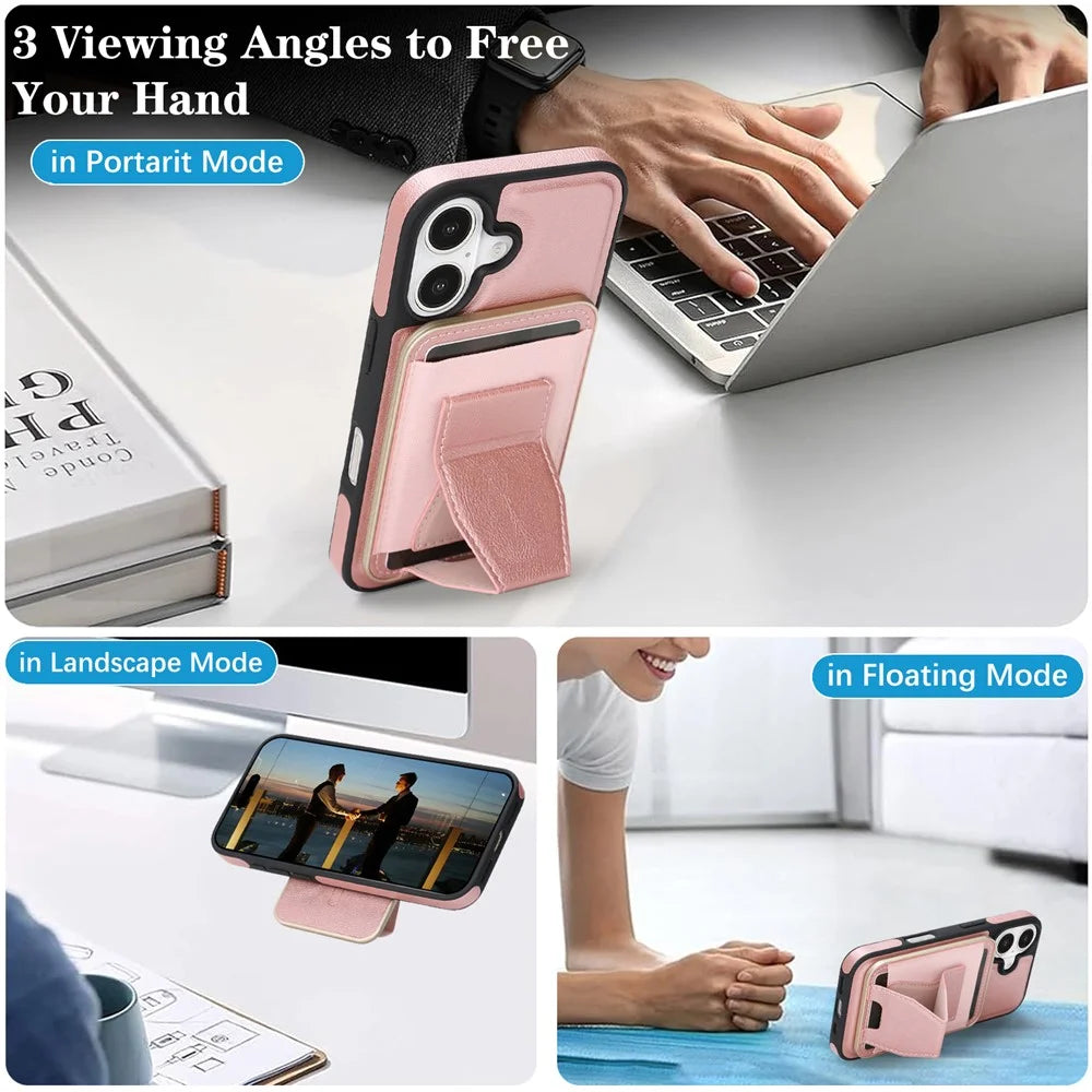 For iPhone 17 Magnetic Case with Detachable Card Holder Kickstand TPU + PU Back Cover Compatible with MagSafe - Pink - 7