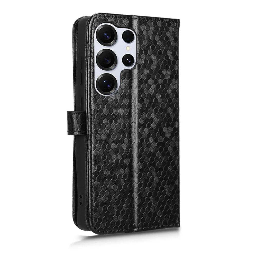 For Samsung Galaxy S26 Ultra Wallet Case Dot Pattern Imprint PU Leather Phone Cover with Wrist Strap - Black - 6