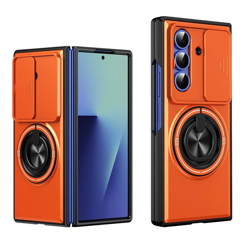 For Samsung Galaxy Z Fold7 5G Magnetic Case Ring Holder Foldable Kickstand PC Phone Cover with Camera Lens Slider - Orange - 1