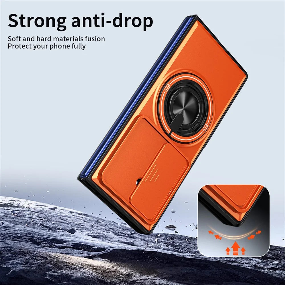 For Samsung Galaxy Z Fold7 5G Magnetic Case Ring Holder Foldable Kickstand PC Phone Cover with Camera Lens Slider - Orange - 2