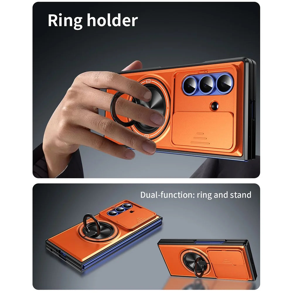 For Samsung Galaxy Z Fold7 5G Magnetic Case Ring Holder Foldable Kickstand PC Phone Cover with Camera Lens Slider - Orange - 3