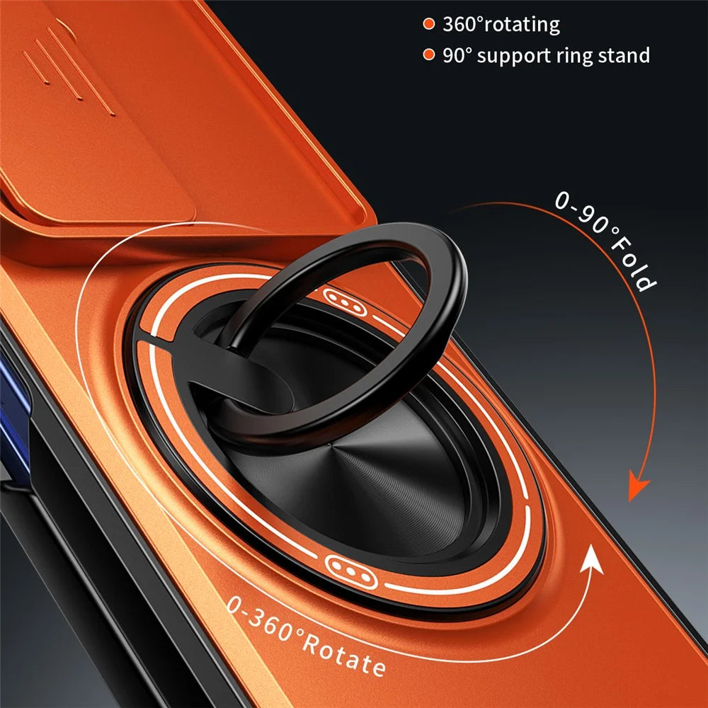 For Samsung Galaxy Z Fold7 5G Magnetic Case Ring Holder Foldable Kickstand PC Phone Cover with Camera Lens Slider - Orange - 4