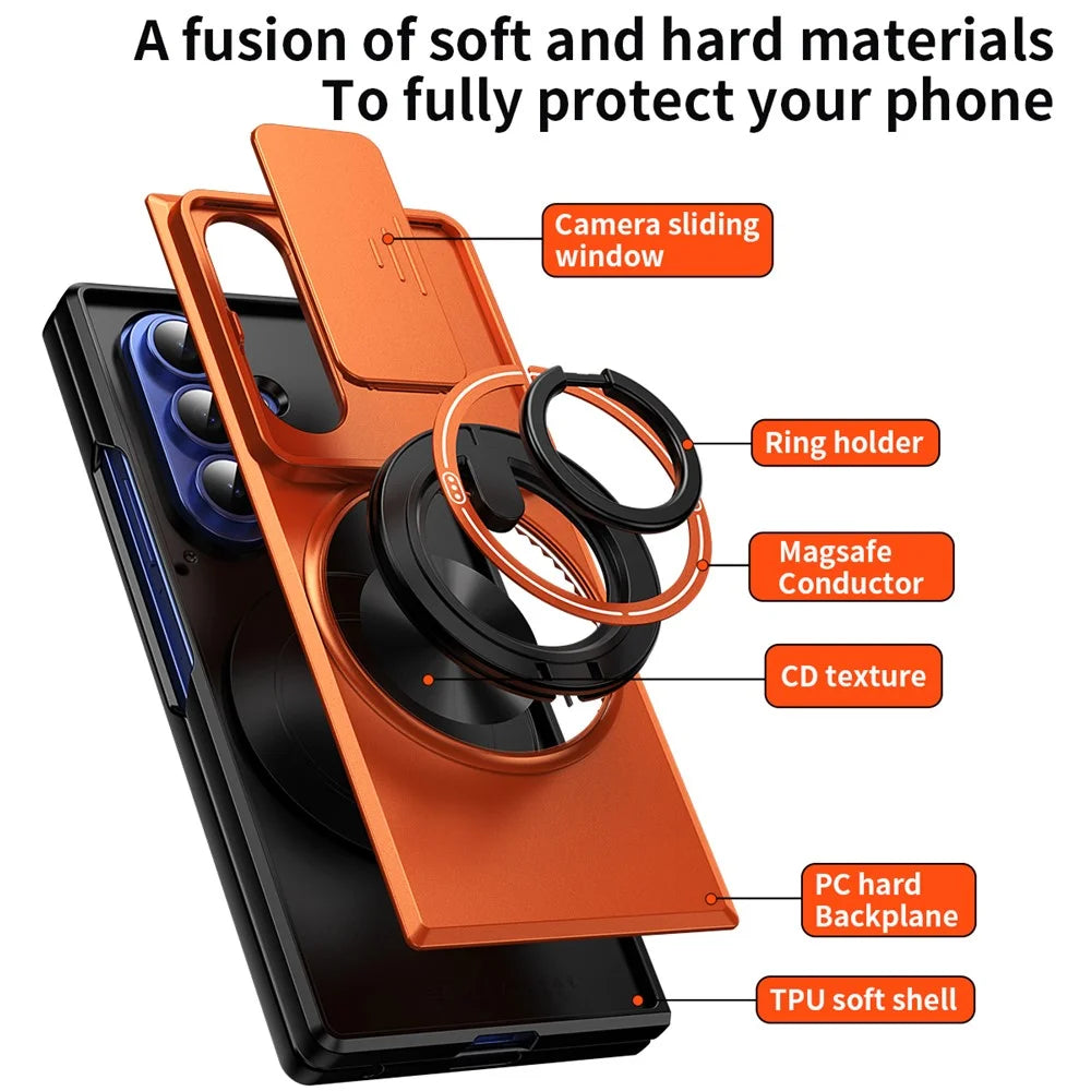 For Samsung Galaxy Z Fold7 5G Magnetic Case Ring Holder Foldable Kickstand PC Phone Cover with Camera Lens Slider - Orange - 5