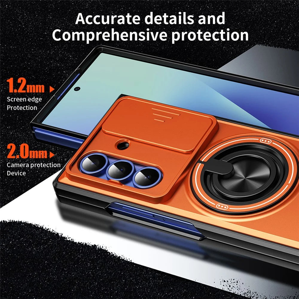For Samsung Galaxy Z Fold7 5G Magnetic Case Ring Holder Foldable Kickstand PC Phone Cover with Camera Lens Slider - Orange - 6