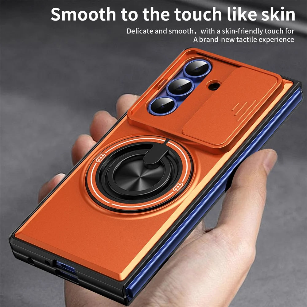 For Samsung Galaxy Z Fold7 5G Magnetic Case Ring Holder Foldable Kickstand PC Phone Cover with Camera Lens Slider - Orange - 7