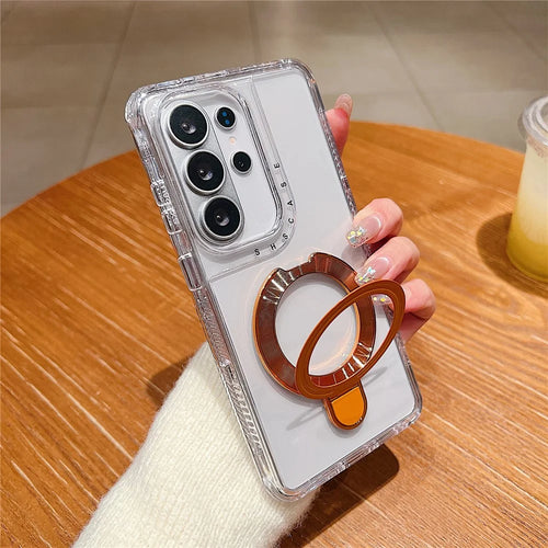 For Samsung Galaxy S26 Ultra Magnetic Case Kickstand Shockproof PC + TPU Clear Phone Cover - Orange - 1