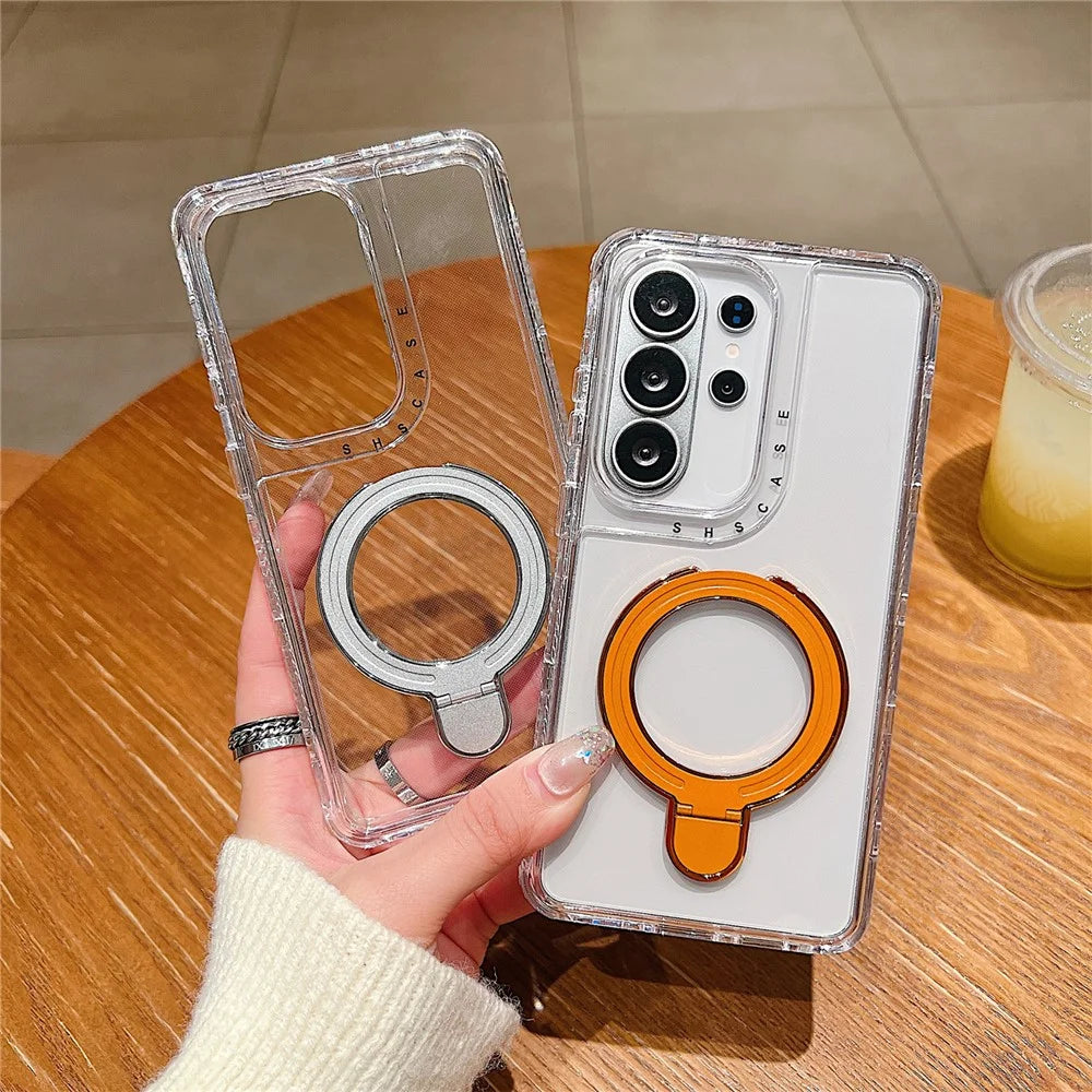 For Samsung Galaxy S26 Ultra Magnetic Case Kickstand Shockproof PC + TPU Clear Phone Cover - Orange - 4