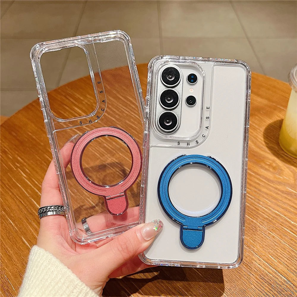 For Samsung Galaxy S26 Ultra Magnetic Case Kickstand Shockproof PC + TPU Clear Phone Cover - Orange - 5