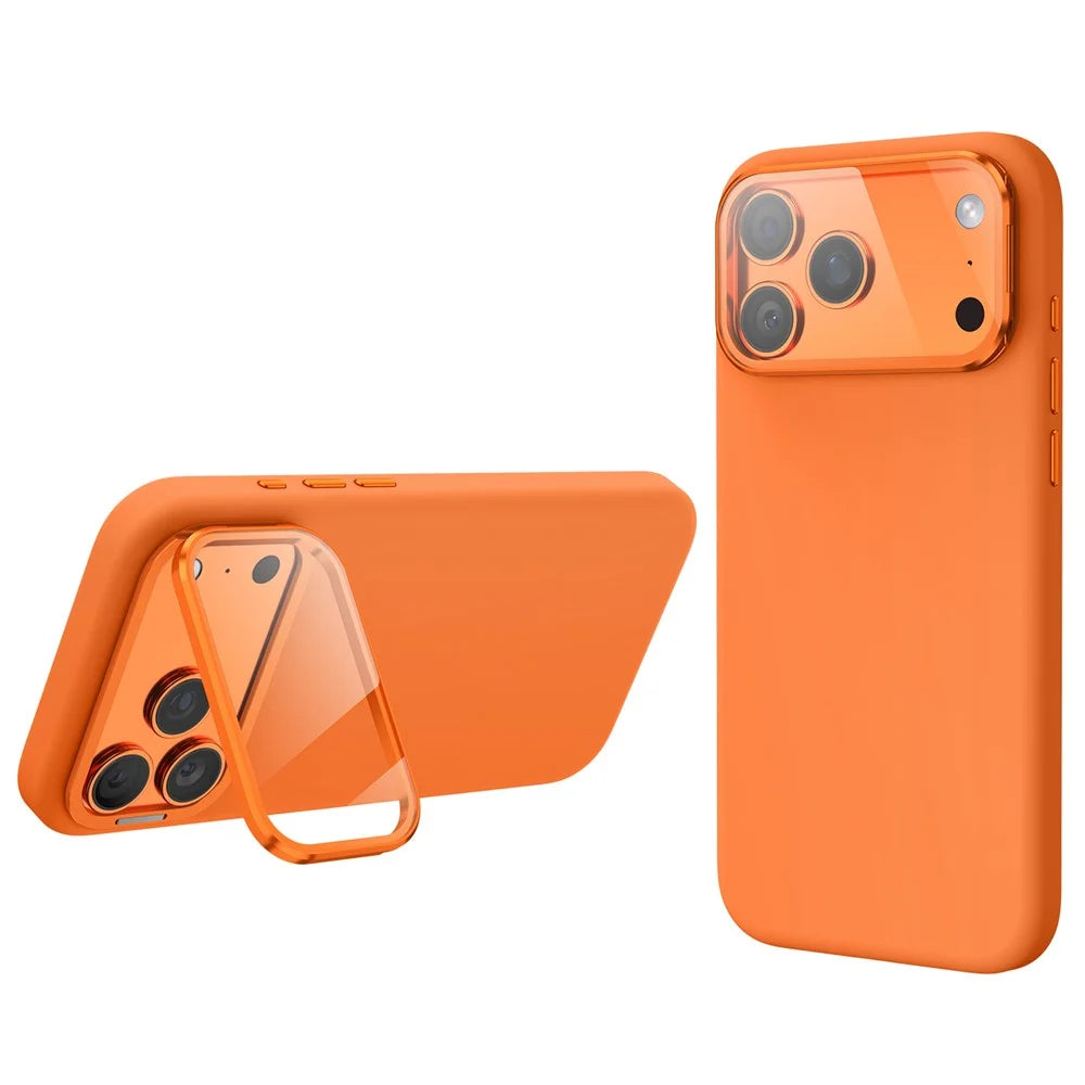 Magnetic Case for iPhone 18 Pro / 17 Pro  /  16 Pro Liquid Silicone Mobile Cover with Lens Protector Kickstand Compatible with MagSafe - Orange - 1