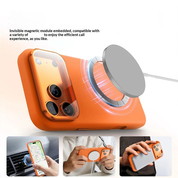 Magnetic Case for iPhone 18 Pro / 17 Pro  /  16 Pro Liquid Silicone Mobile Cover with Lens Protector Kickstand Compatible with MagSafe - Orange - 2