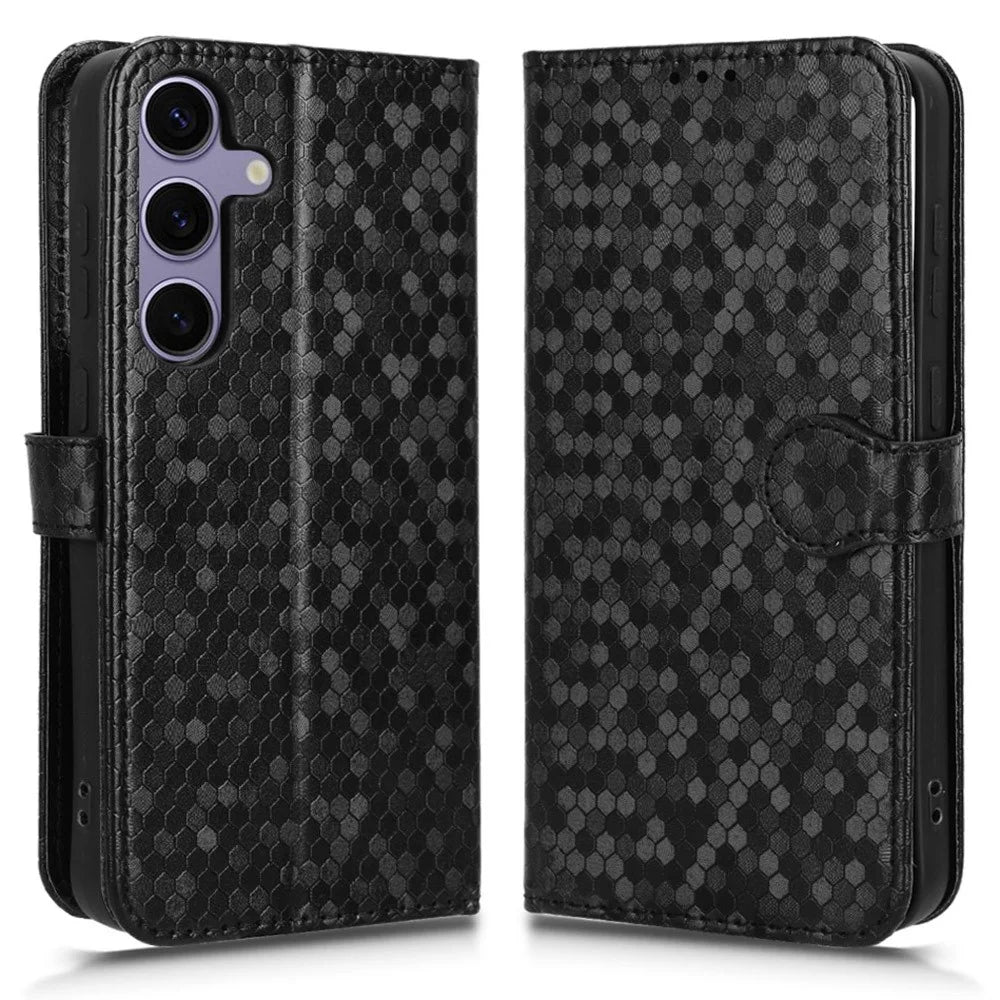 For Samsung Galaxy S26 Wallet Case Dot Pattern Imprint PU Leather Phone Cover with Wrist Strap - Black - 1