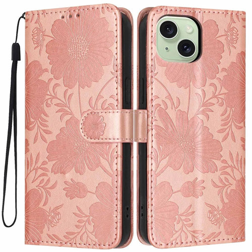 Wallet Case For iPhone 14  /  13 Imprint Floral PU Leather Stand Flip Phone Cover with Wrist Strap - Rose Gold - 1
