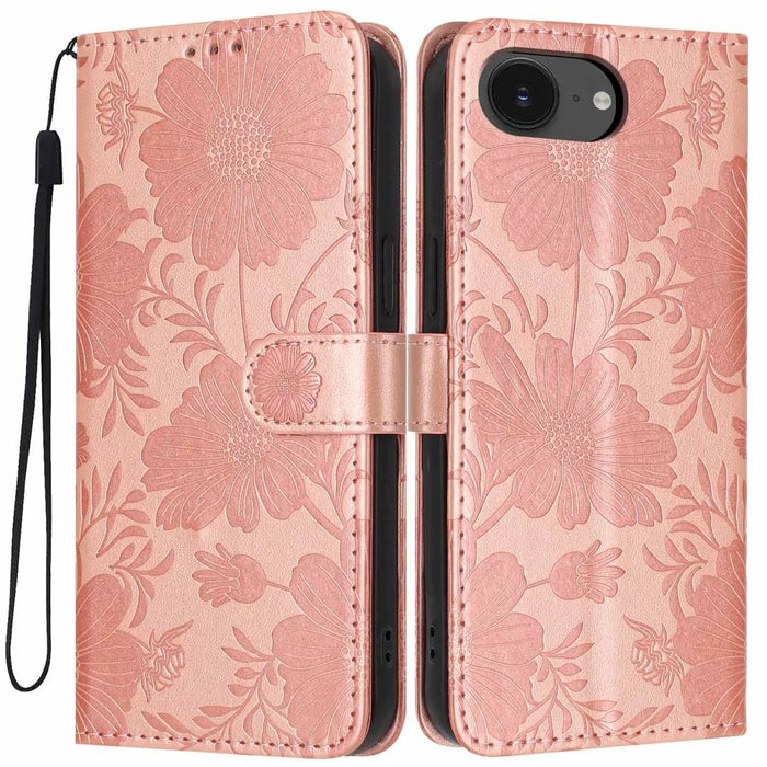 Wallet Case For iPhone 17e  /  16e Imprint Floral PU Leather Stand Flip Phone Cover with Wrist Strap - Rose Gold - 1