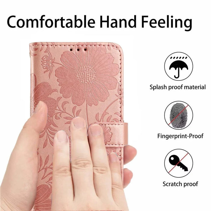 Wallet Case For iPhone 17e  /  16e Imprint Floral PU Leather Stand Flip Phone Cover with Wrist Strap - Rose Gold - 6