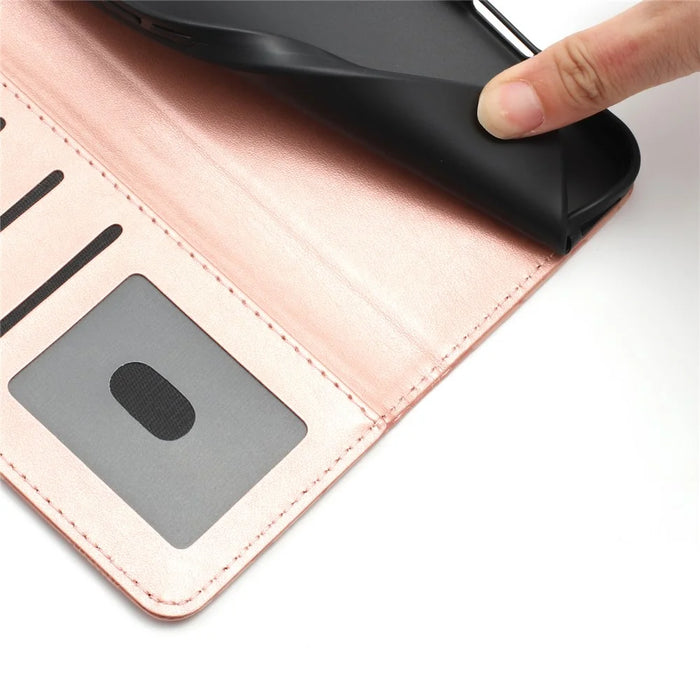 Wallet Case For iPhone 17e  /  16e Imprint Floral PU Leather Stand Flip Phone Cover with Wrist Strap - Rose Gold - 7