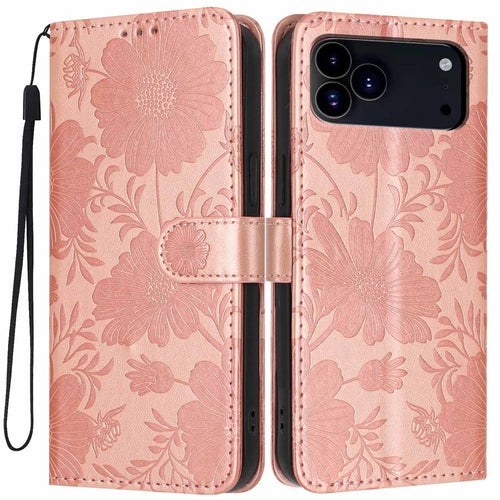 For iPhone 18 Pro Max / 17 Pro Max Wallet Case Imprint Floral PU Leather Stand Flip Phone Cover with Wrist Strap - Rose Gold - 1