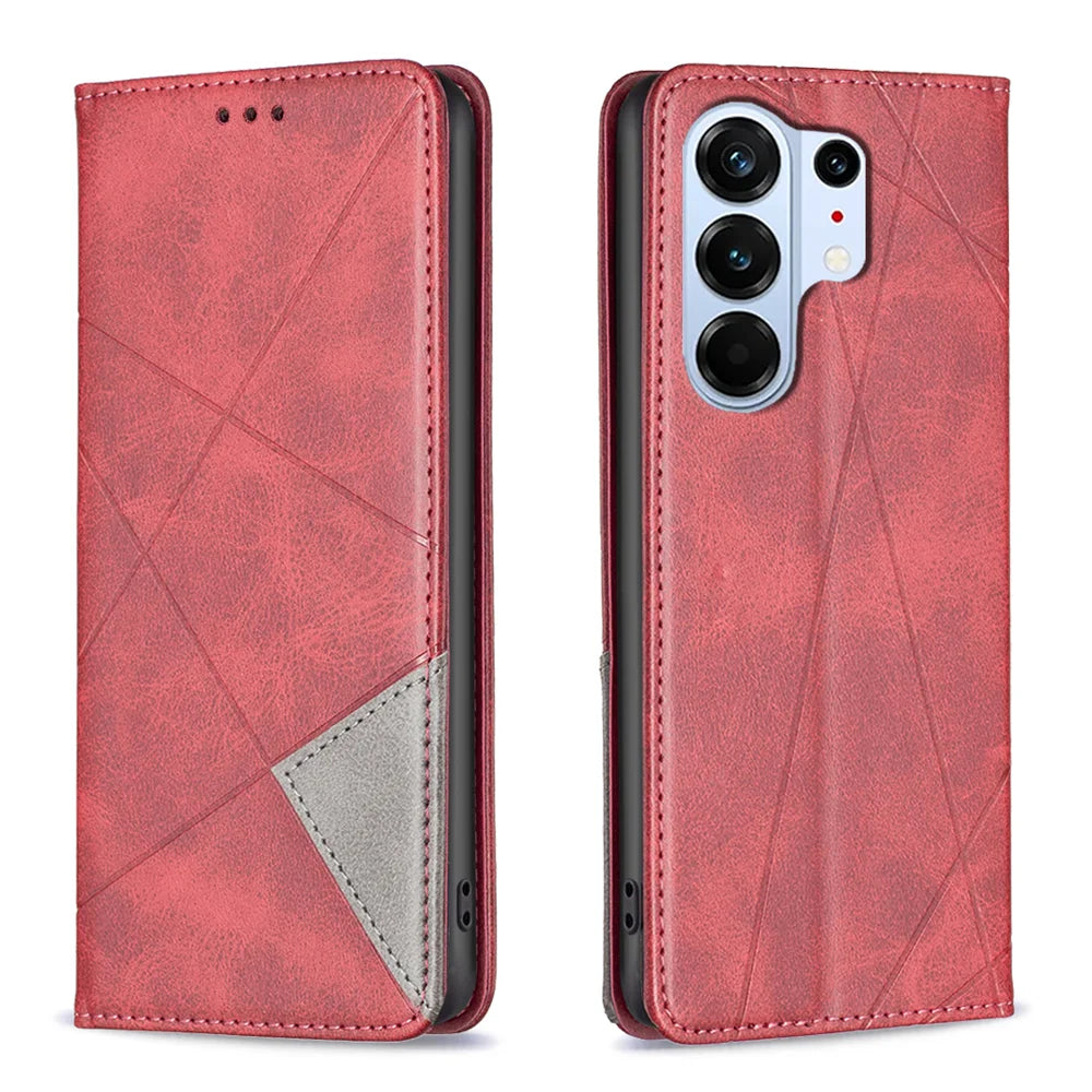 For TECNO Camon 50 Pro 4G Case Card Slots Geometry Imprint Leather Phone Cover - Red - 1