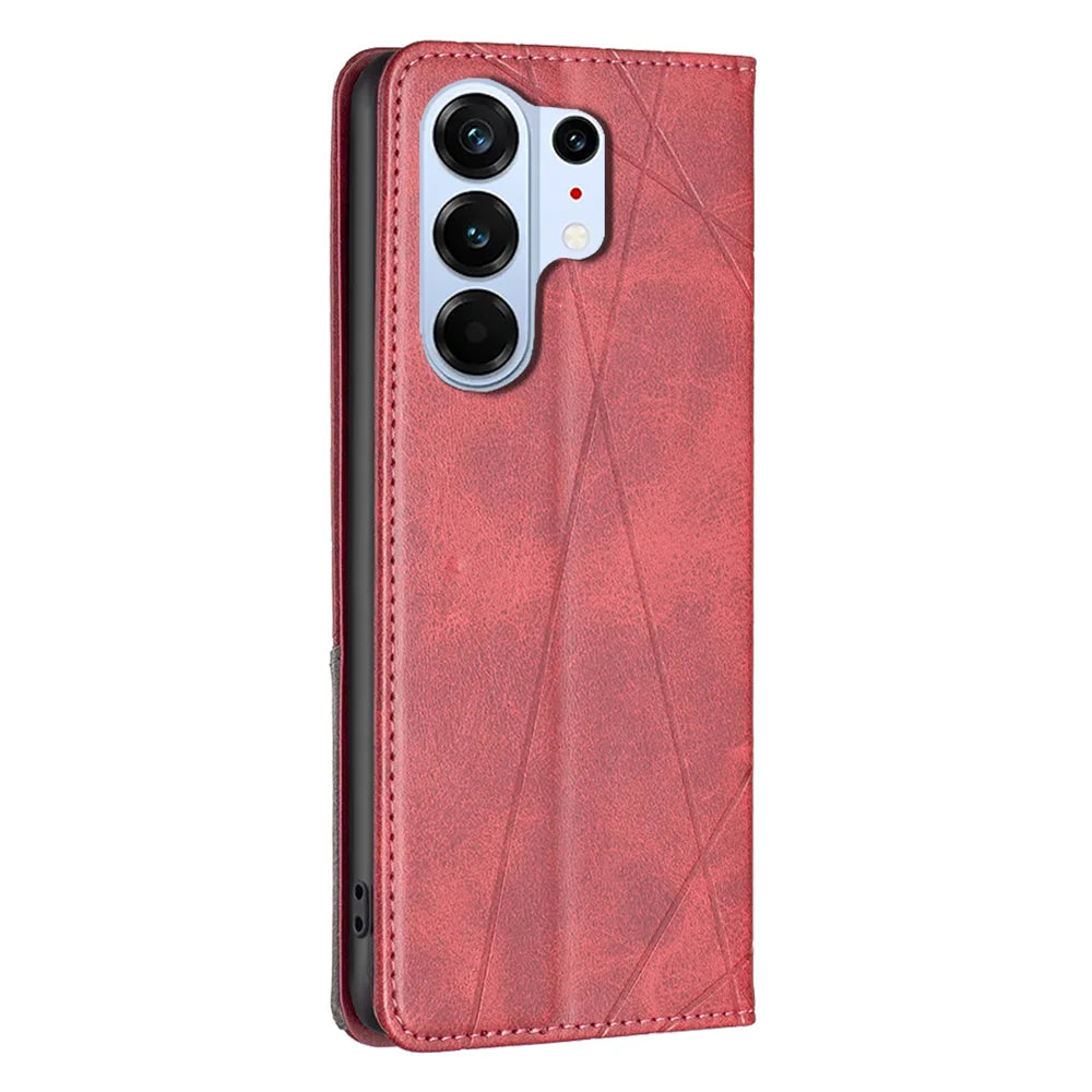 For TECNO Camon 50 Pro 4G Case Card Slots Geometry Imprint Leather Phone Cover - Red - 3