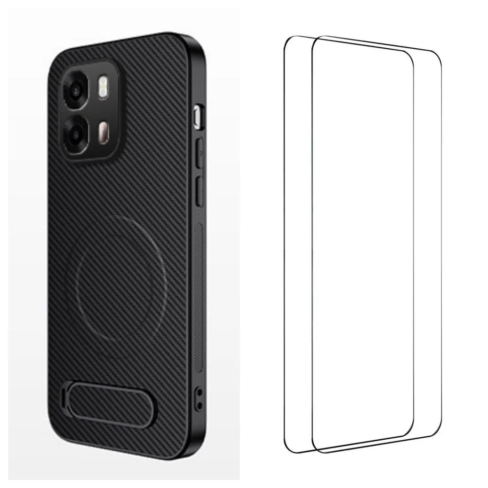 WANLONFENG For Oppo A6x 4G / Oppo A6x 5G QT1 Series Magnetic Case with 2Pcs Tempered Glass Films Kickstand Carbon Fiber Texture PC TPU Phone Cover - Black - 1