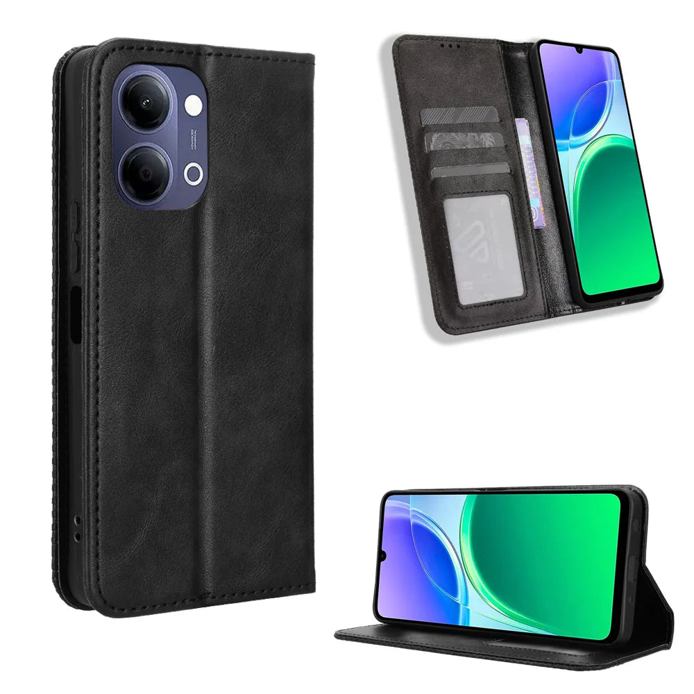 For vivo Y21 5G (2026) / vivo Y05 4G Leather Case Wallet Stand Retro Texture Phone Cover - Black - 1