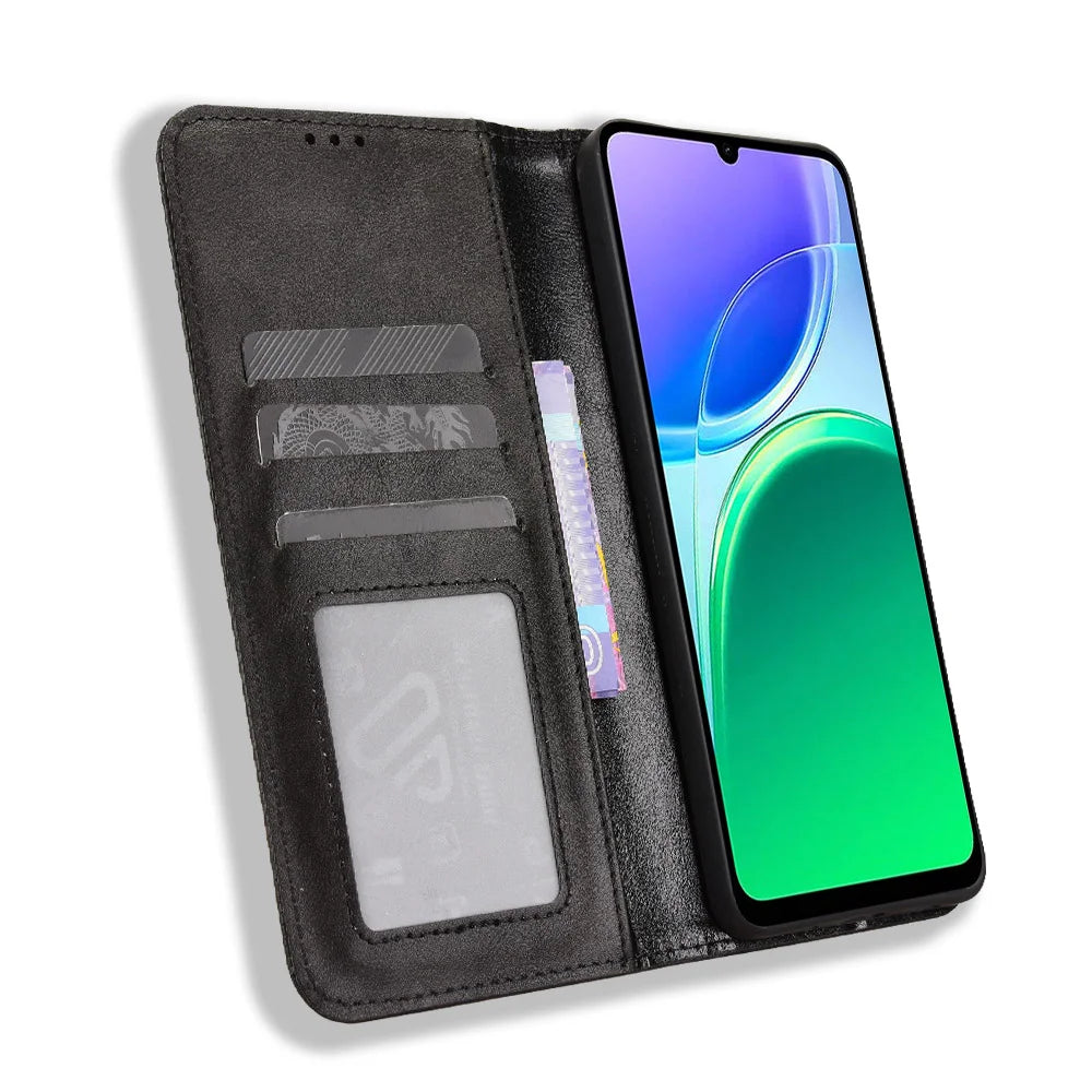 For vivo Y21 5G (2026) / vivo Y05 4G Leather Case Wallet Stand Retro Texture Phone Cover - Black - 6