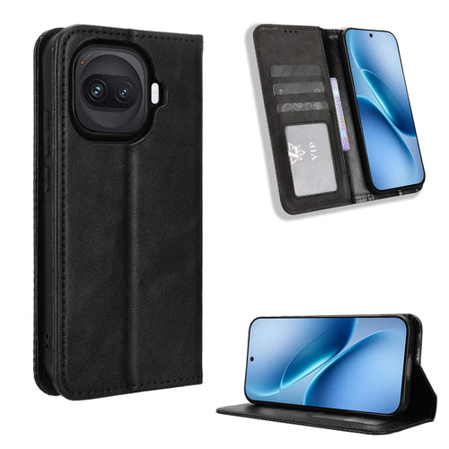 For vivo iQOO 15R / vivo iQOO Z11 Turbo 5G Leather Case Wallet Stand Retro Texture Phone Cover - Black - 1