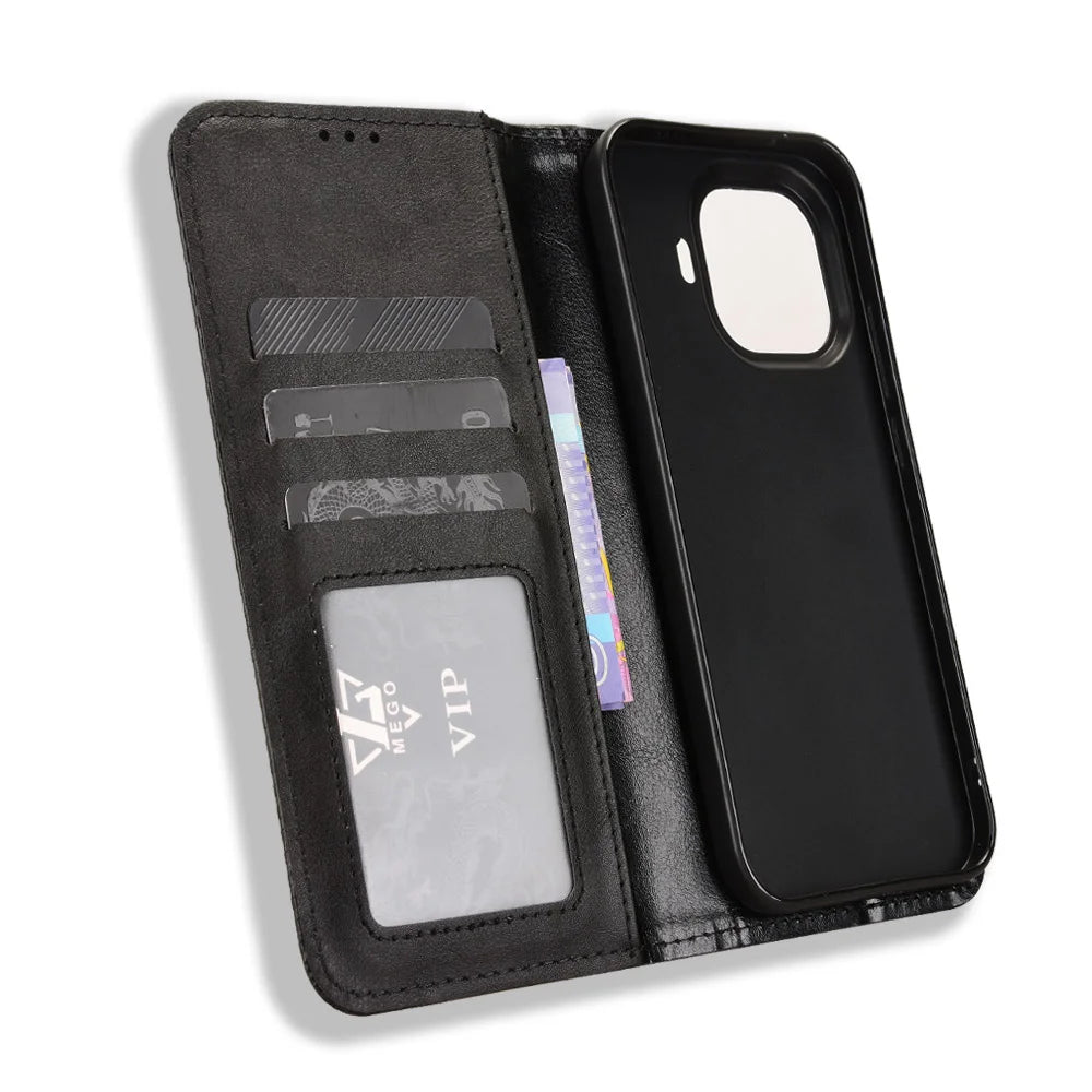 For vivo iQOO 15R / vivo iQOO Z11 Turbo 5G Leather Case Wallet Stand Retro Texture Phone Cover - Black - 5