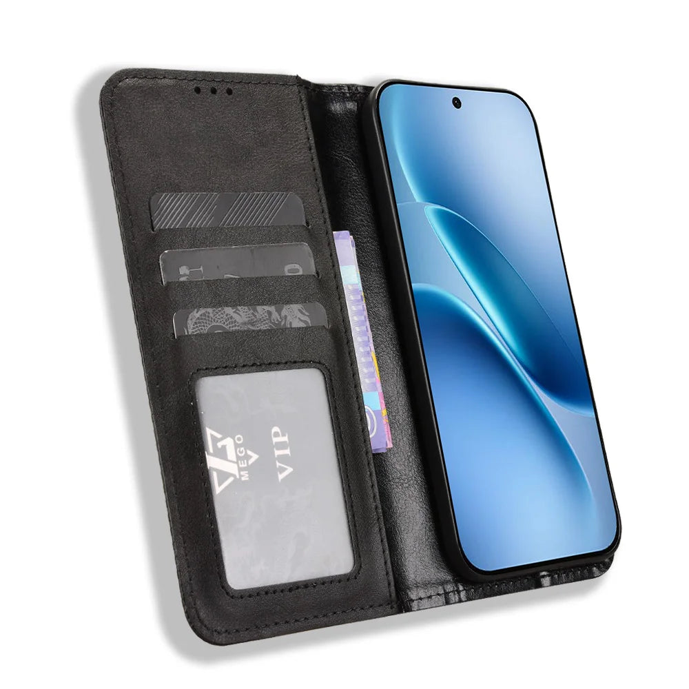 For vivo iQOO 15R / vivo iQOO Z11 Turbo 5G Leather Case Wallet Stand Retro Texture Phone Cover - Black - 6