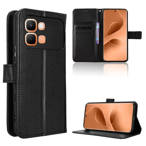 For Infinix Note Edge 5G Leather Wallet Case with Strap Diamond Texture Phone Cover - Black - 1