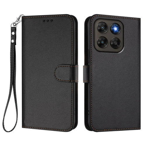 Leather Case For Motorola Moto G87 5G / G77 5G / G67 5G Wallet Stand Phone Cover with Wrist Strap - Black - 1