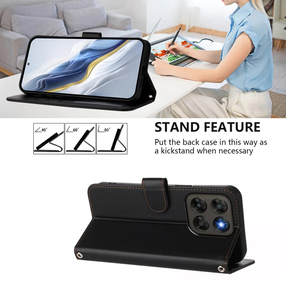 Leather Case For Motorola Moto G87 5G / G77 5G / G67 5G Wallet Stand Phone Cover with Wrist Strap - Black - 4