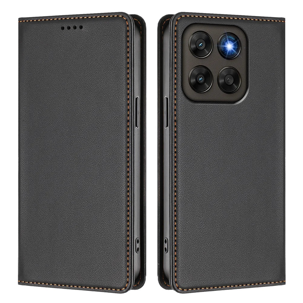Leather Wallet Case For Motorola Moto G87 5G / G77 5G / G67 5G Magnetic Closure RFID Blocking Phone Cover - Black - 1