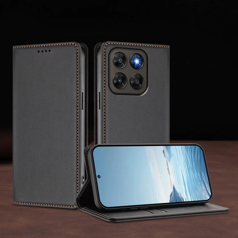 Leather Wallet Case For Motorola Moto G87 5G / G77 5G / G67 5G Magnetic Closure RFID Blocking Phone Cover - Black - 3