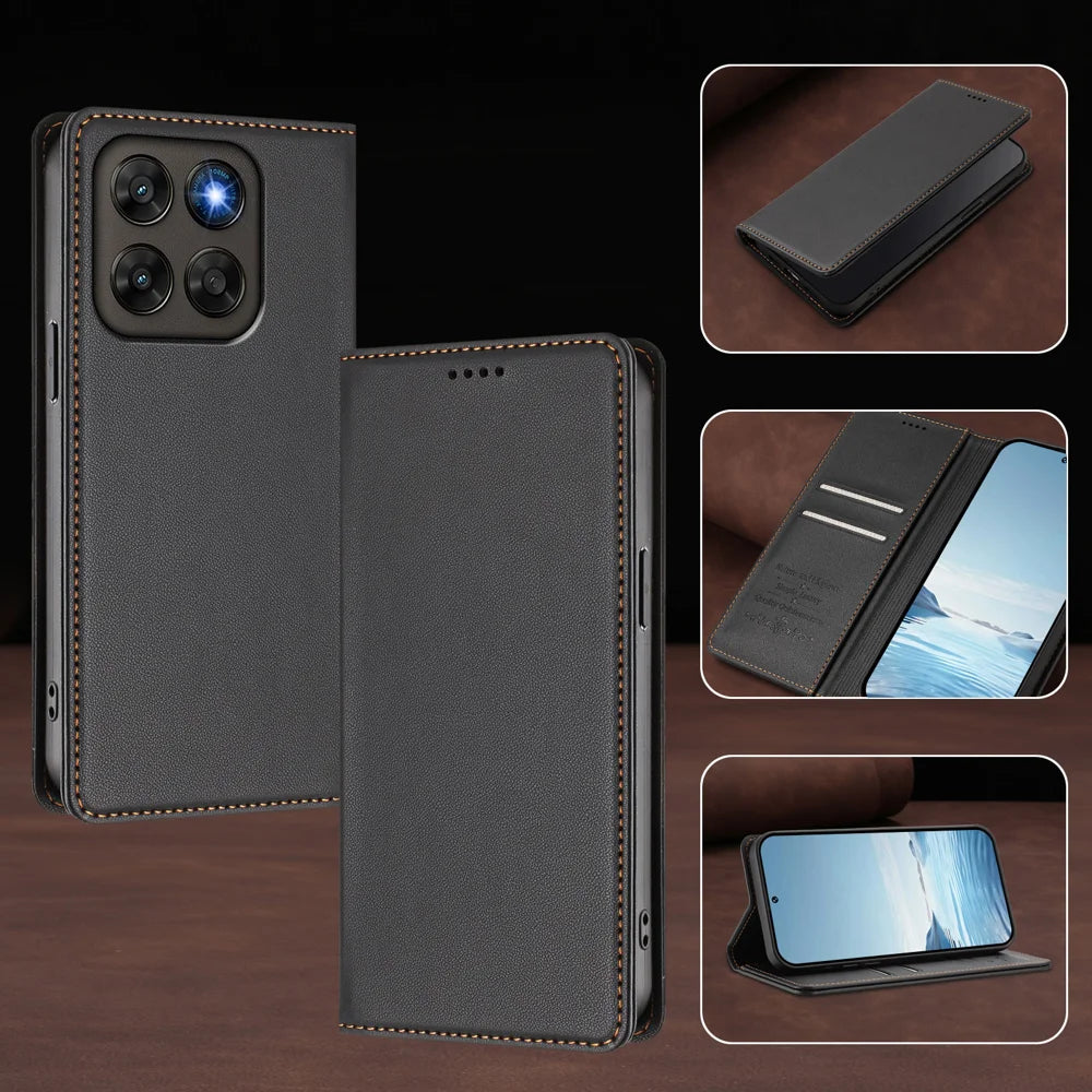 Leather Wallet Case For Motorola Moto G87 5G / G77 5G / G67 5G Magnetic Closure RFID Blocking Phone Cover - Black - 4