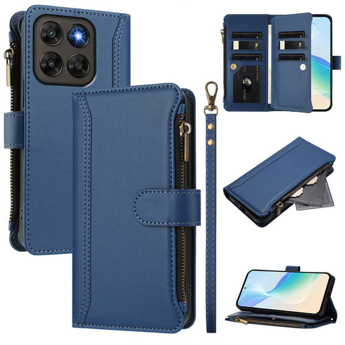 Leather Case For Motorola Moto G87 5G / G77 5G / G67 5G 9 Card Slots Zipper Wallet Stand Phone Cover with Wrist Strap - Dark Blue - 1