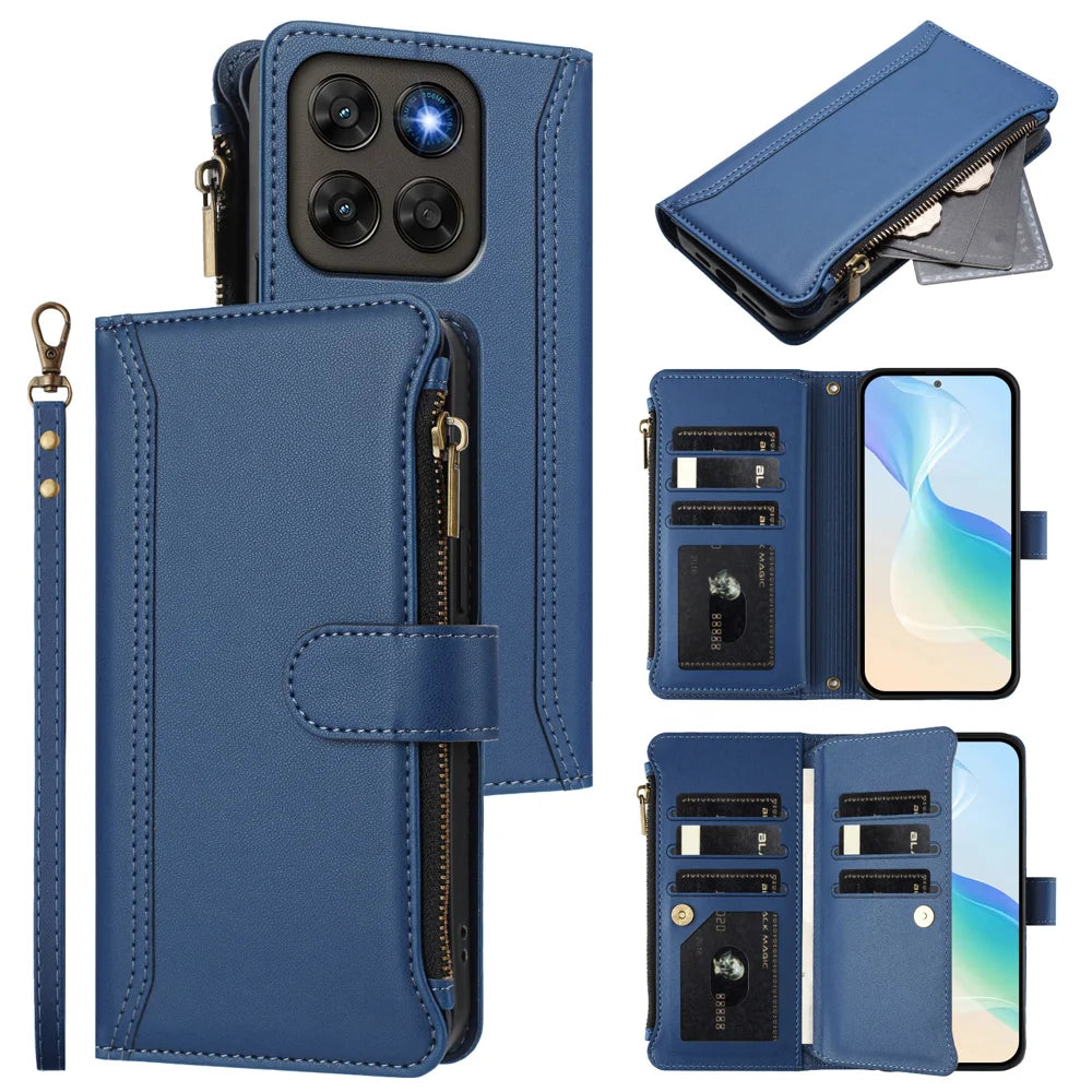 Leather Case For Motorola Moto G87 5G / G77 5G / G67 5G 9 Card Slots Zipper Wallet Stand Phone Cover with Wrist Strap - Dark Blue - 2