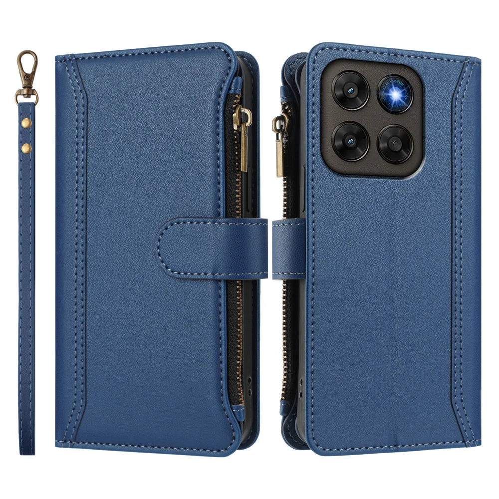 Leather Case For Motorola Moto G87 5G / G77 5G / G67 5G 9 Card Slots Zipper Wallet Stand Phone Cover with Wrist Strap - Dark Blue - 3
