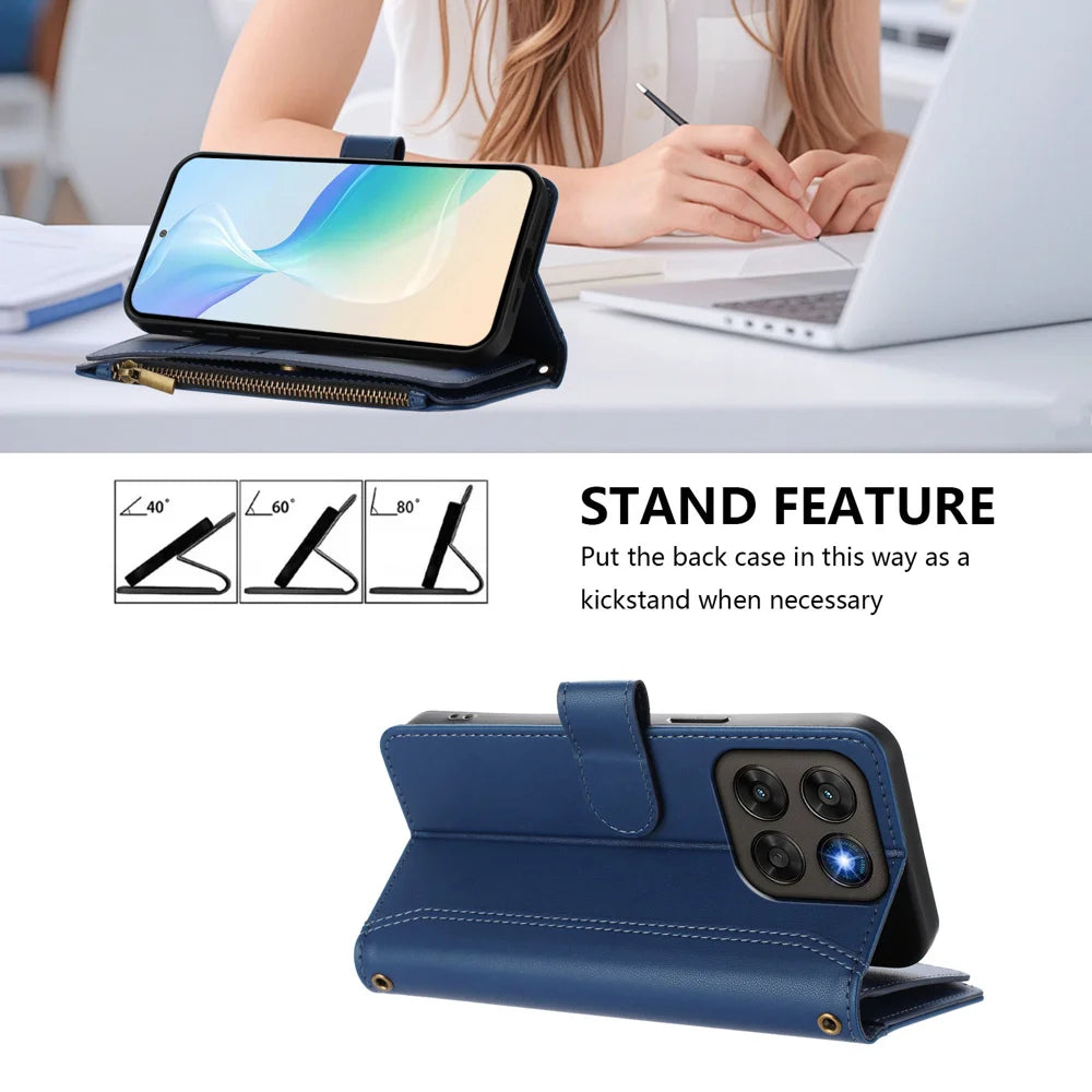 Leather Case For Motorola Moto G87 5G / G77 5G / G67 5G 9 Card Slots Zipper Wallet Stand Phone Cover with Wrist Strap - Dark Blue - 4