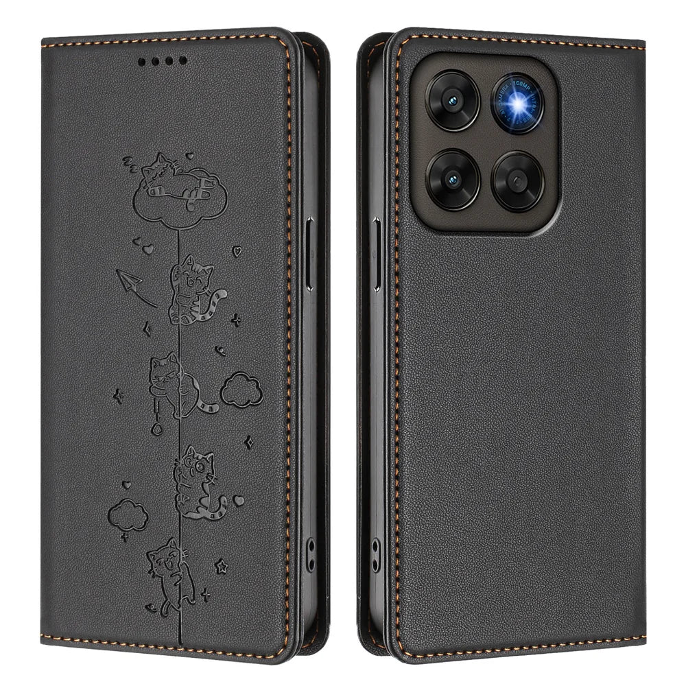 RFID Blocking Case For Motorola Moto G87 5G / G77 5G / G67 5G Case RFID Blocking Wallet Stand Imprinted Cat Pattern Leather Phone Cover - Black - 1