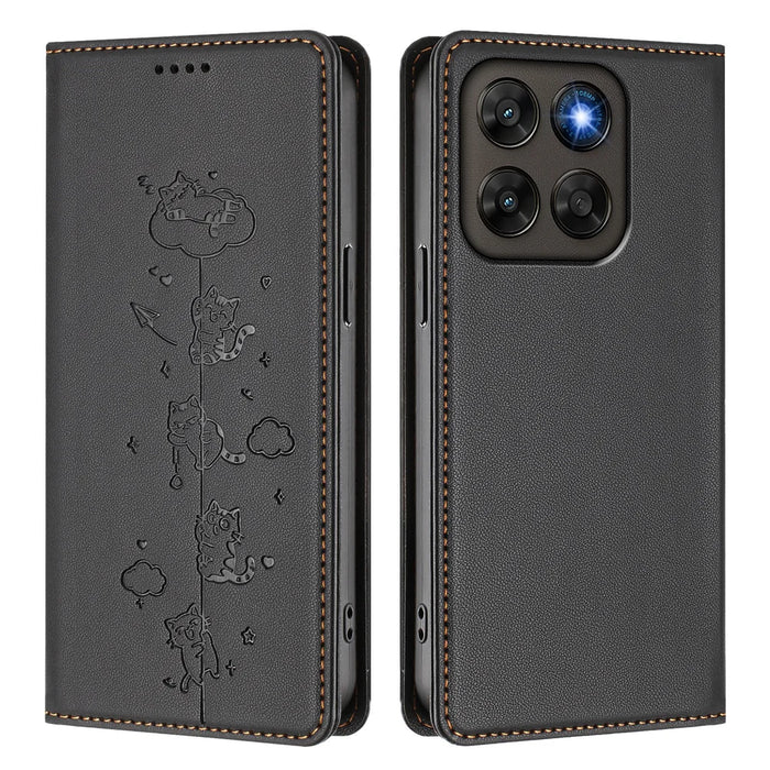 RFID Blocking Case For Motorola Moto G87 5G / G77 5G / G67 5G Case RFID Blocking Wallet Stand Imprinted Cat Pattern Leather Phone Cover - Black - 1