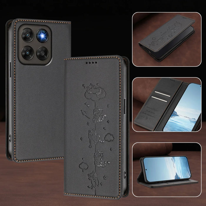 RFID Blocking Case For Motorola Moto G87 5G / G77 5G / G67 5G Case RFID Blocking Wallet Stand Imprinted Cat Pattern Leather Phone Cover - Black - 4