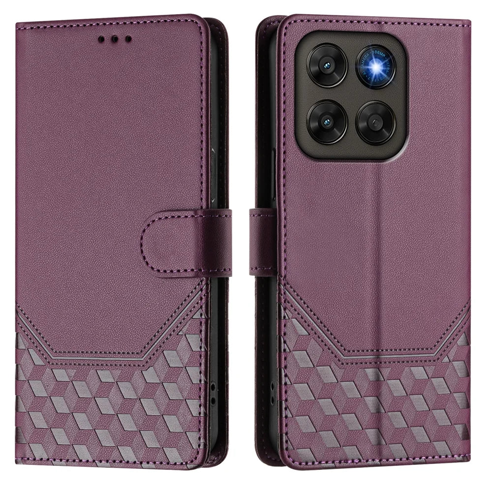 Imprinted Honeycomb Case For Motorola Moto G87 5G / G77 5G / G67 5G RFID Blocking Leather Phone Cover with Strap - Dark Purple - 1