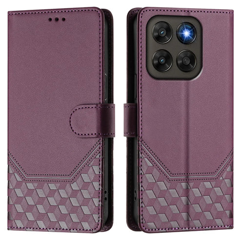 Imprinted Honeycomb Case For Motorola Moto G87 5G / G77 5G / G67 5G RFID Blocking Leather Phone Cover with Strap - Dark Purple - 1