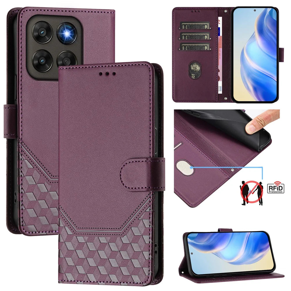 Imprinted Honeycomb Case For Motorola Moto G87 5G / G77 5G / G67 5G RFID Blocking Leather Phone Cover with Strap - Dark Purple - 2