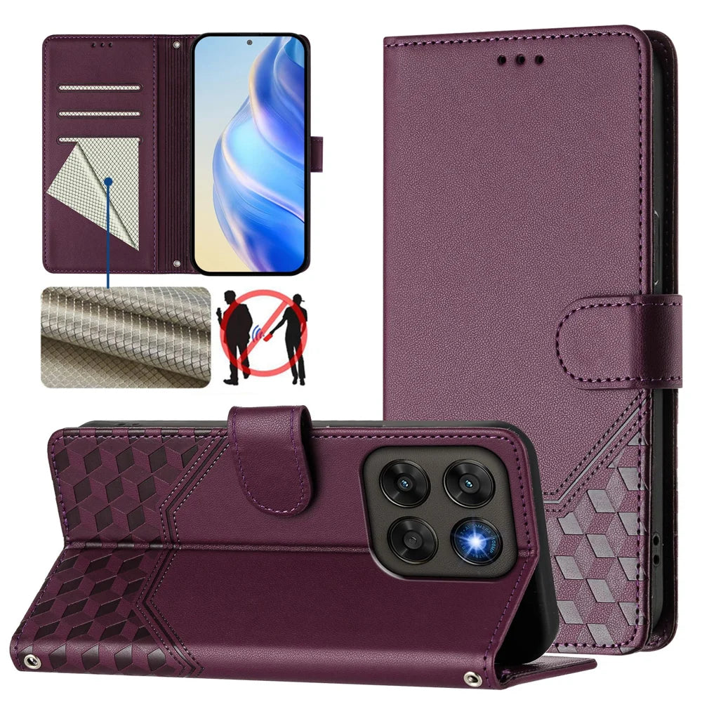 Imprinted Honeycomb Case For Motorola Moto G87 5G / G77 5G / G67 5G RFID Blocking Leather Phone Cover with Strap - Dark Purple - 3
