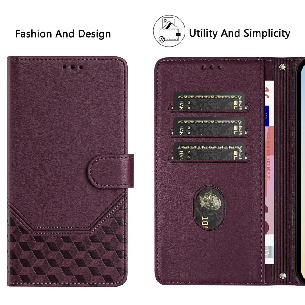 Imprinted Honeycomb Case For Motorola Moto G87 5G / G77 5G / G67 5G RFID Blocking Leather Phone Cover with Strap - Dark Purple - 4