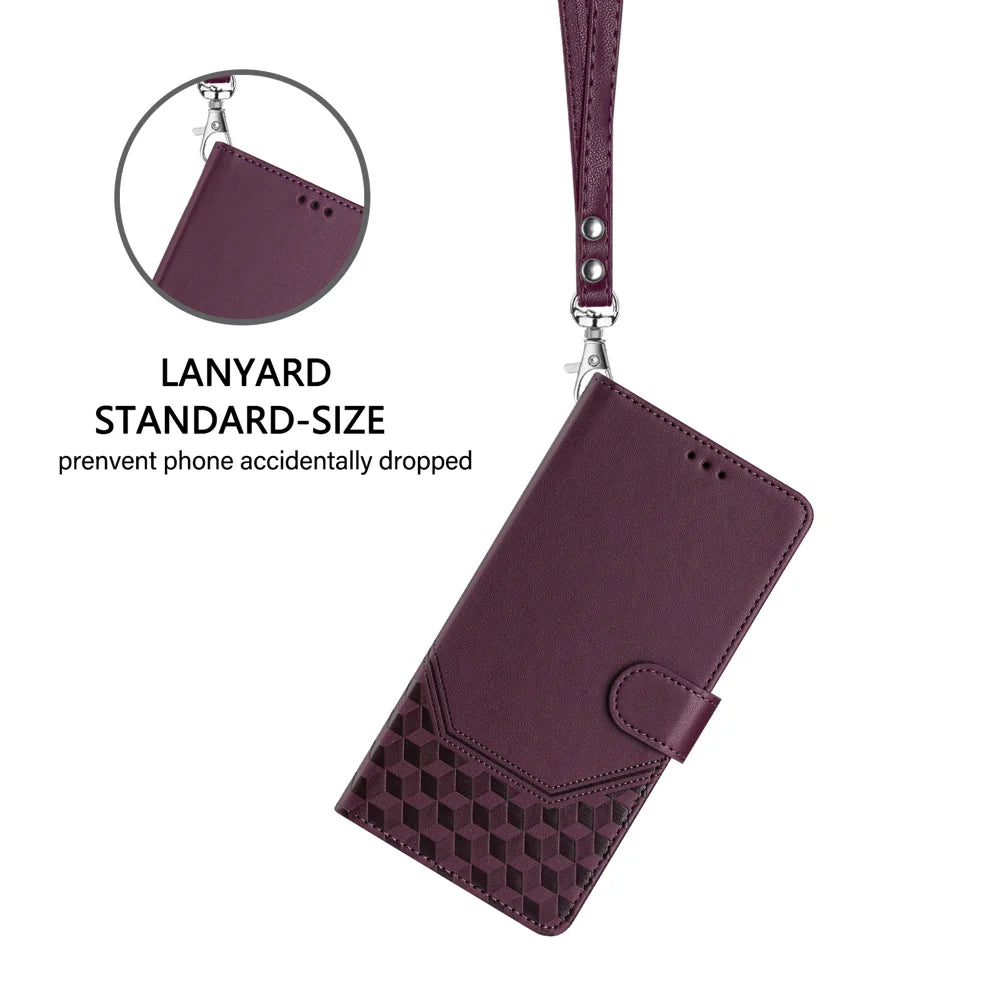Imprinted Honeycomb Case For Motorola Moto G87 5G / G77 5G / G67 5G RFID Blocking Leather Phone Cover with Strap - Dark Purple - 7